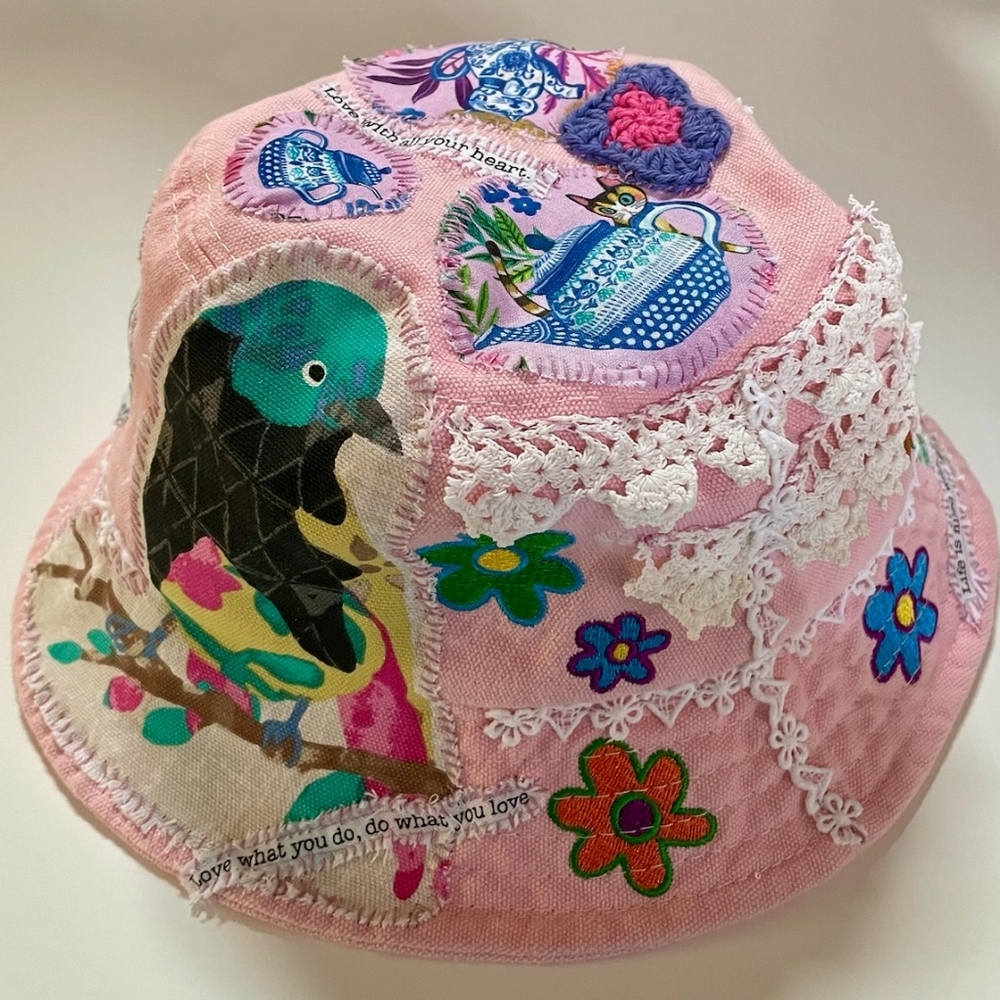 Artisan Upcycled Urban Outfitters Pink Embroidered embellished Bucket Hat - Picture 3 of 7